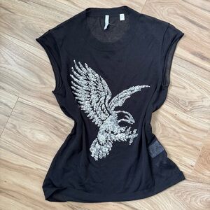 Vintage Y2K IISLI mesh sheer sequined silver eagle cap sleeve top